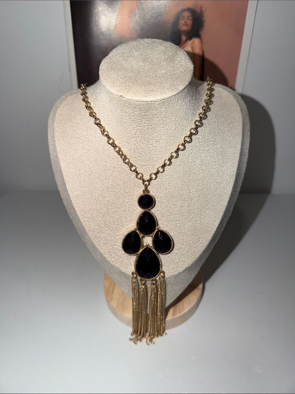 Vintage Style Gold Tone Black Rhinestone Tasseled Necklace